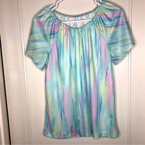 Vintage 60s ladies blouse rainbow watercolor short sleeve peasant style M